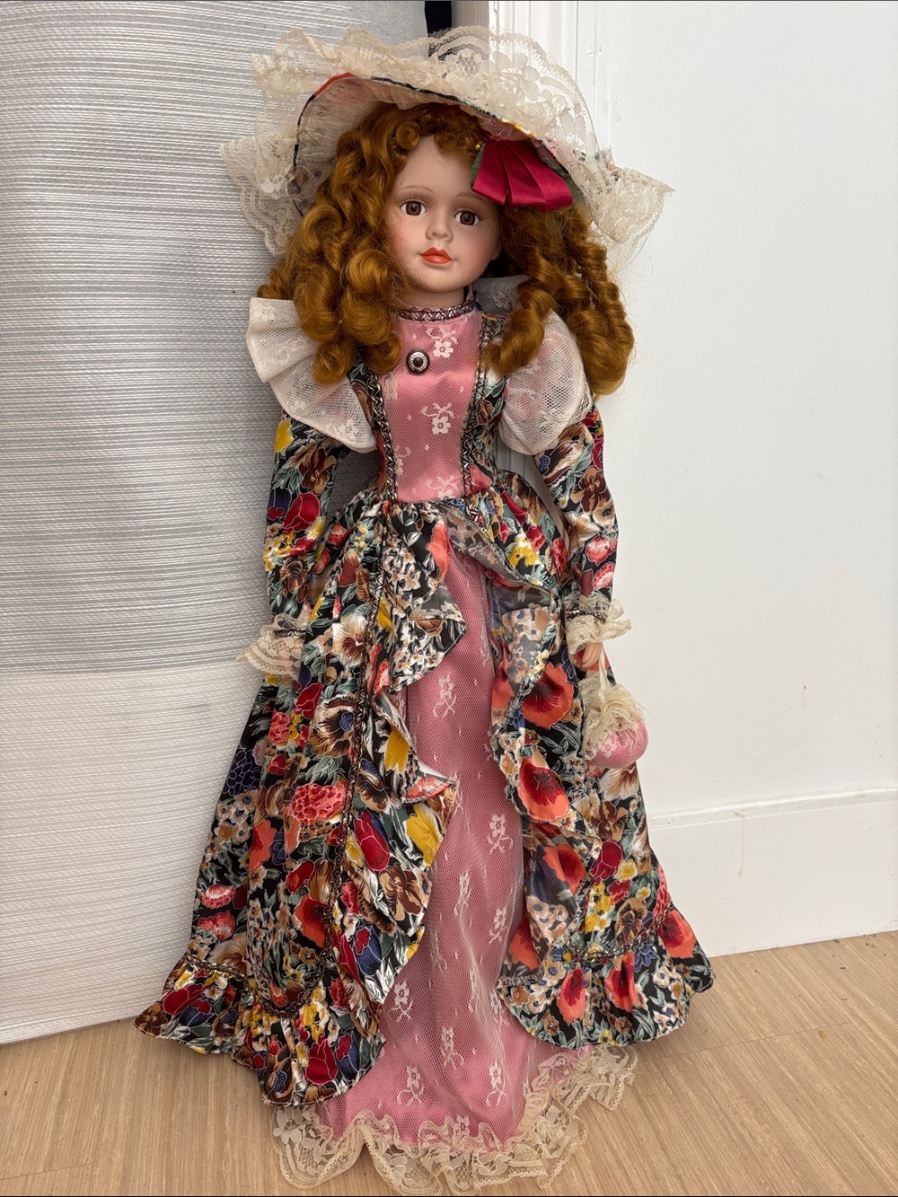 Unique Vintage Porcelain Doll in Pink Floral Gown with Lace Hat